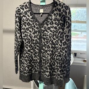 La Vie Rebecca Taylor Leopard Print Wool Blend Cardigan Sweater